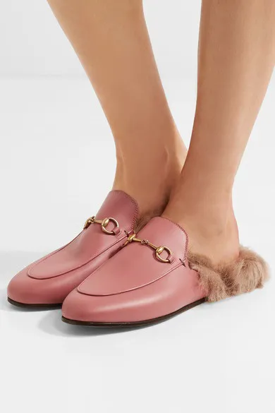 gucci horsebit detailed shearling lined leather slippers