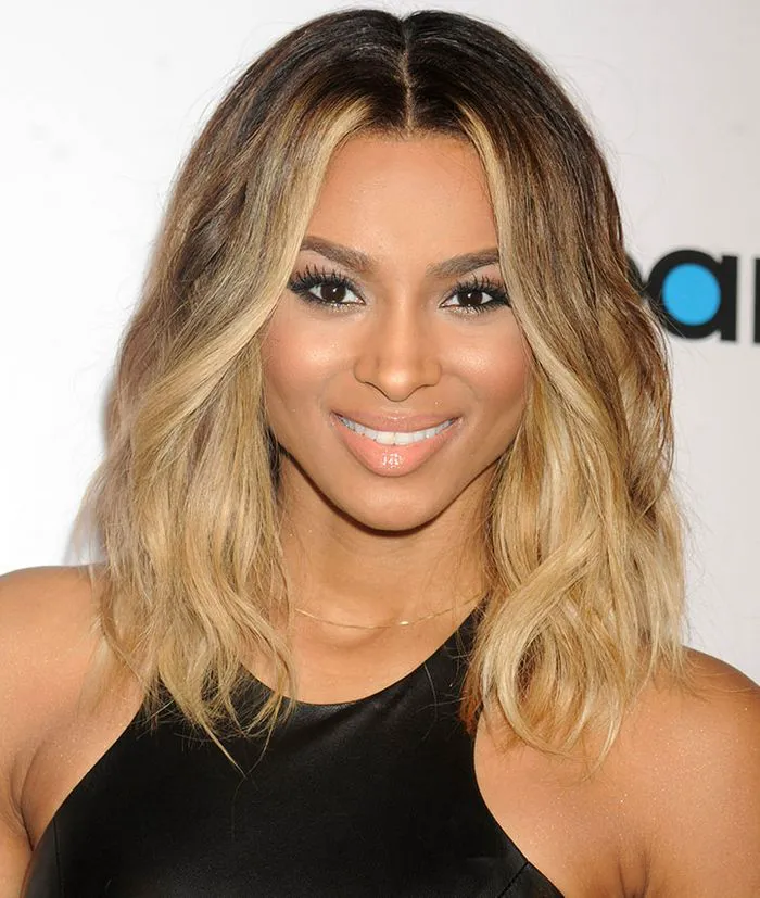 ciara blonde highlights center-parted hair black top halter tank red carpet