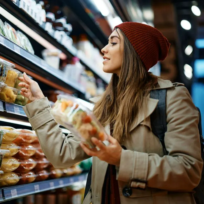 woman grabbing items at the grocery store