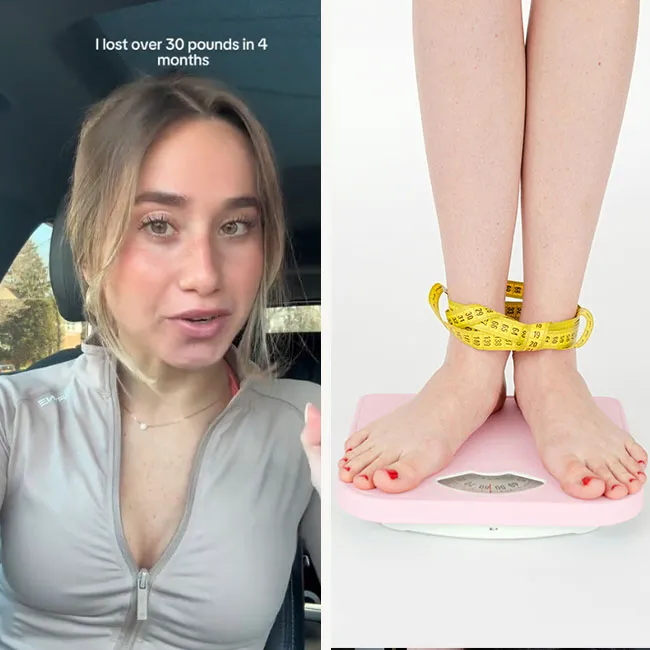 TikTok influencer discussing weight loss while on a scale.