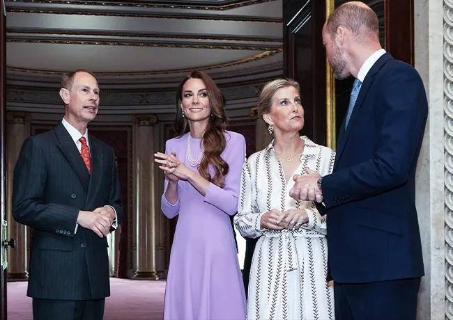 Kate Middleton purple dress and Queen Elizabeth's pearls
