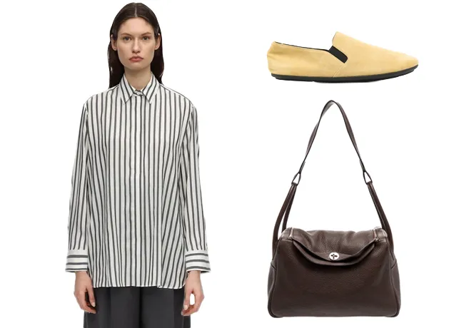 The Row striped top and loafers, Hermes Lindy bag