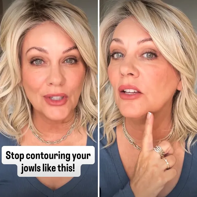 Social media influencer demonstrating jowl makeup trick.