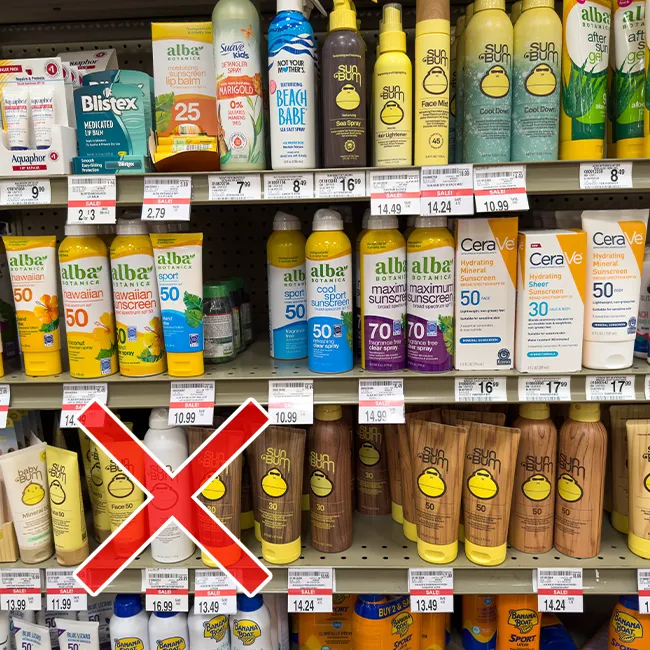 Variety of sunscreens and lotions on display for skin protection.