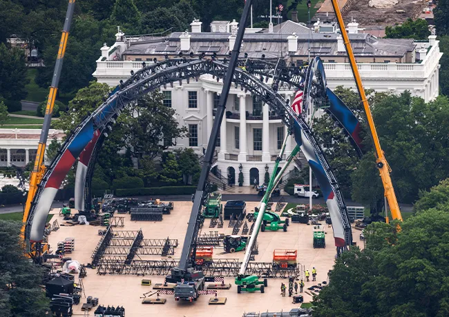 Arial view of the UFC ring being built in front of the White House