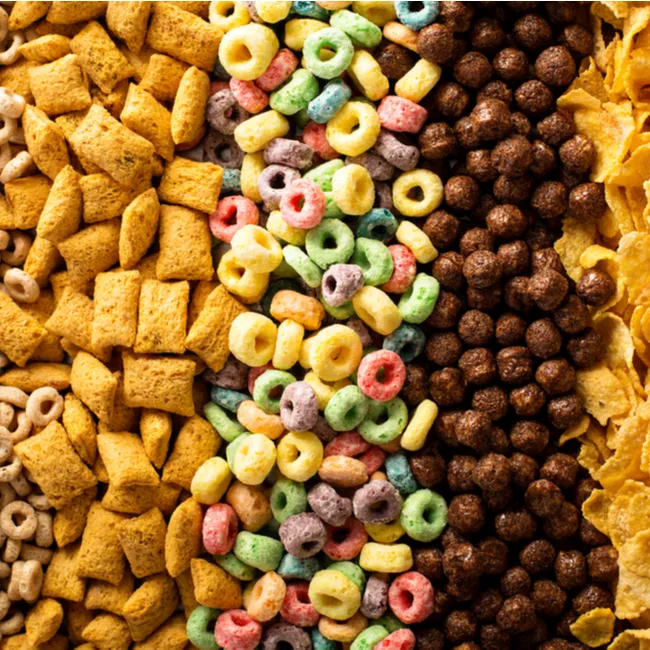 "Breakfast cereal options on a shelf"