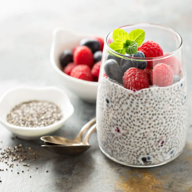 Chia seed pudding topped with fresh fruits for healthy eating