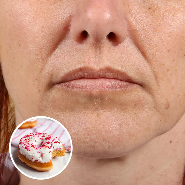 Close-up of a donut and a woman's face.
