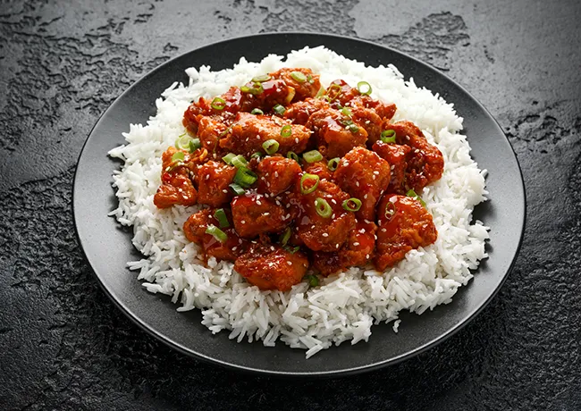 "General Tso's Chicken, a common Chinese-American takeout dish"