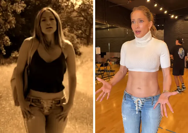 "Comparison of Jennifer Lopez's jeans from 2001 and 2026"