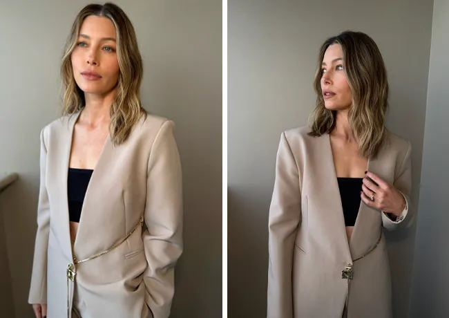 Jessica Biel beige suit black crop top Instagram
