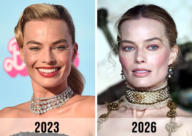 "Comparison of Margot Robbie's appearance in 2023 and 2026"