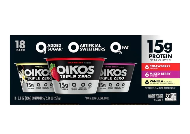 "Oikos Triple Zero Yogurt 18-pack box"
