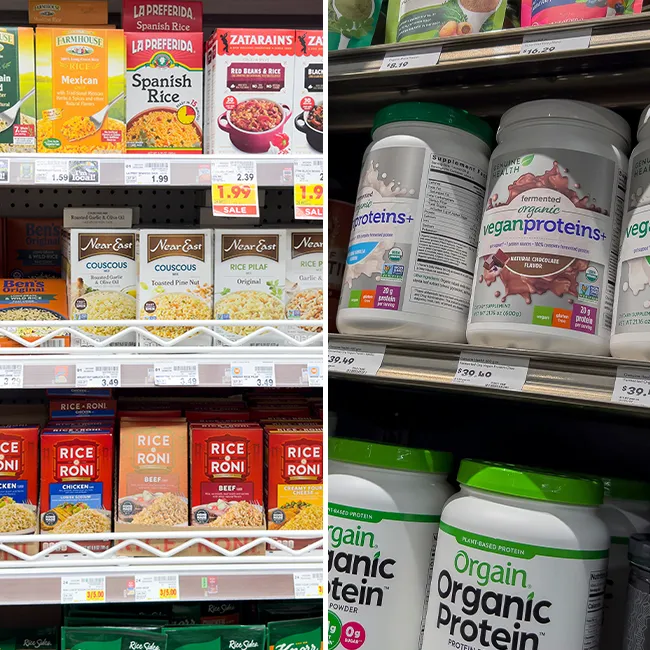 "Rice and protein powders on store shelves"